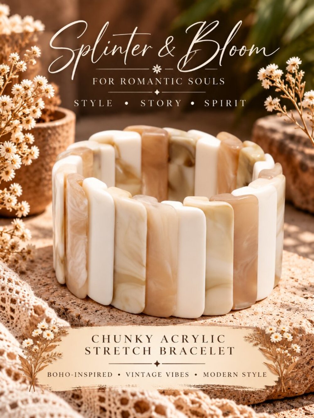 NWT Chunky Ivory Acrylic Stretch Bracelet Boho